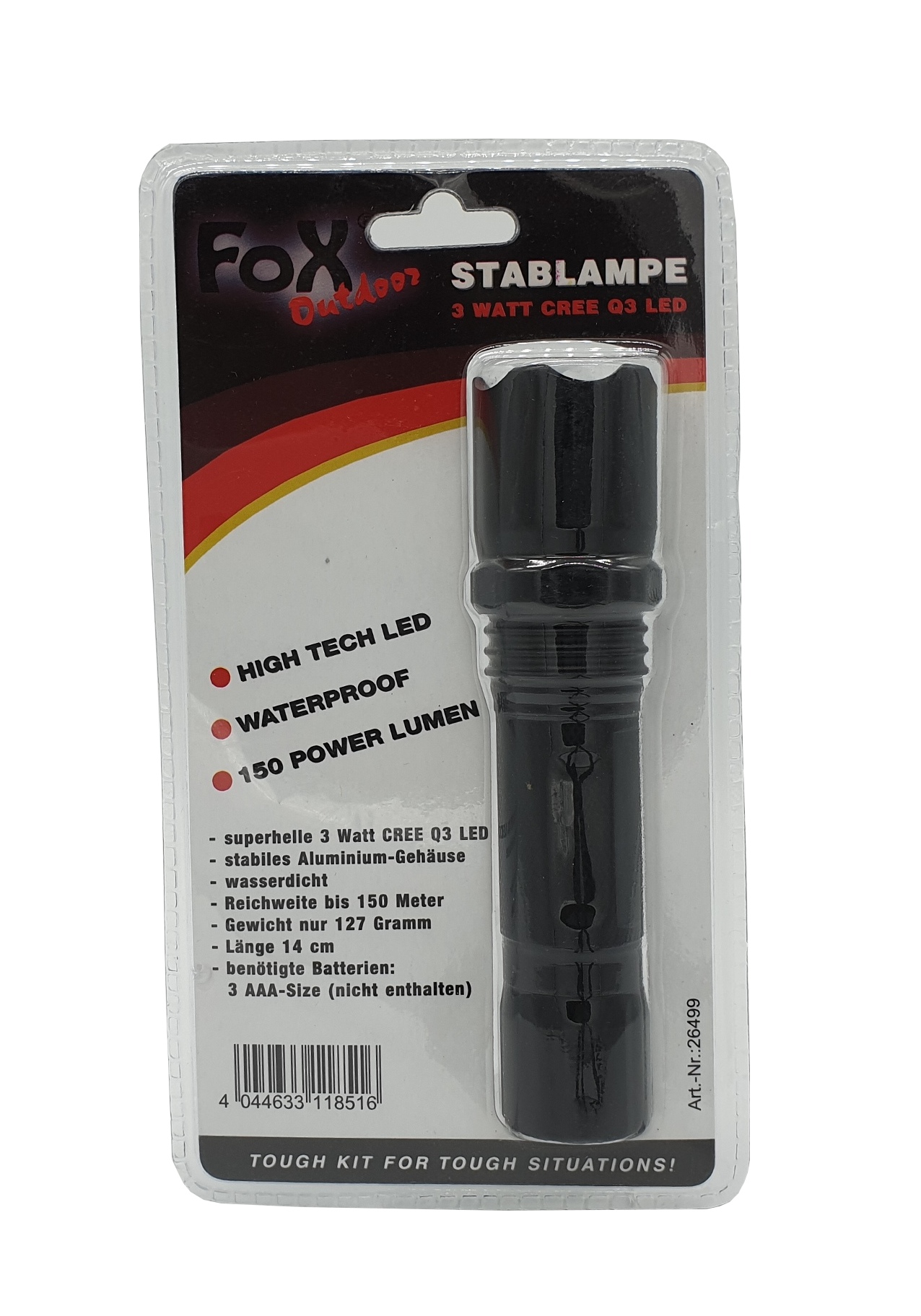 Fox Outdoor LED-Taschenlampe, CREE 3 Watt, 150 Lumen, Verpackung Rückseite