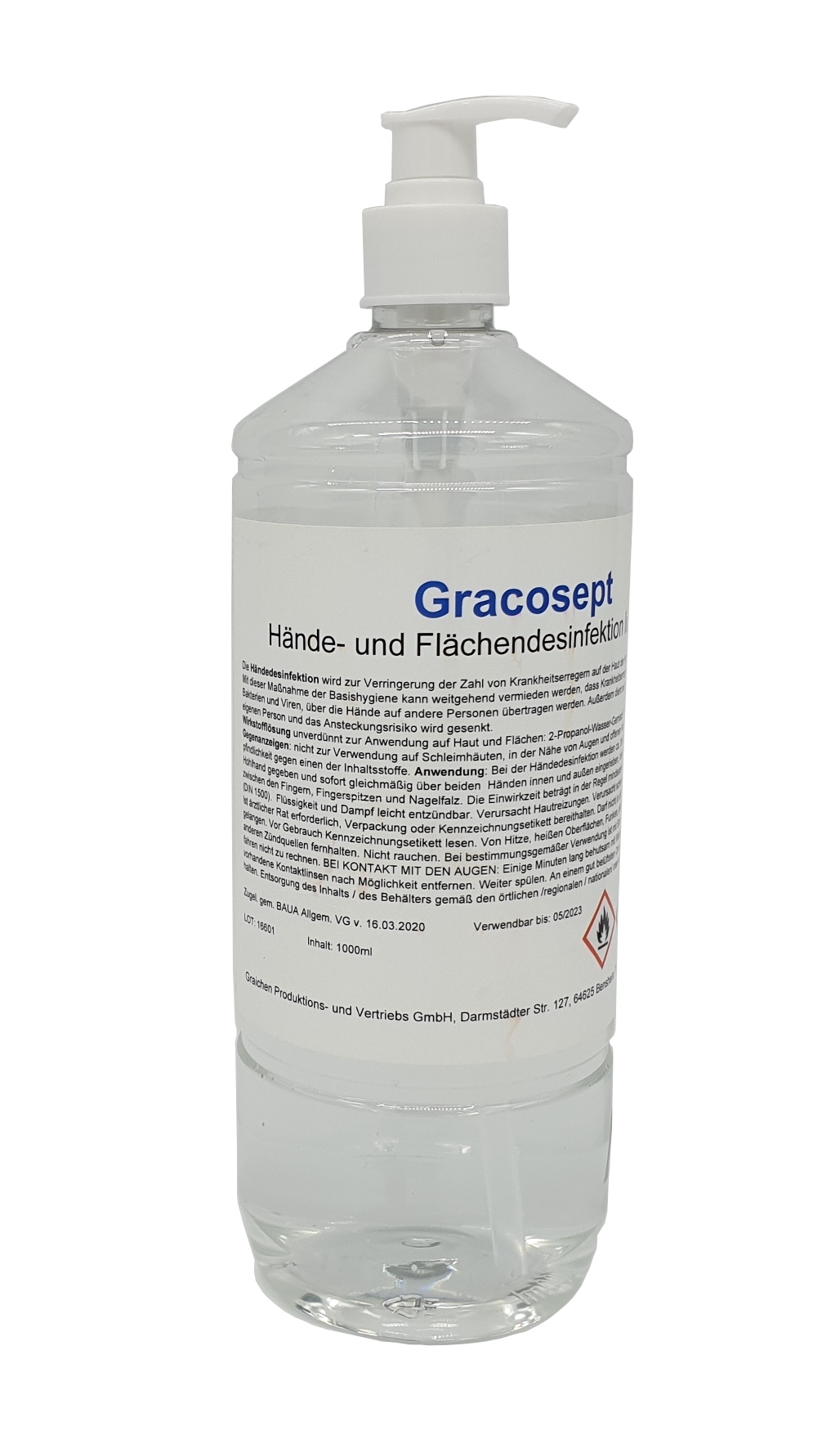 Gracosept Hand- und Flächendesinfektion, Literflasche, Spender, Vorderseite 1