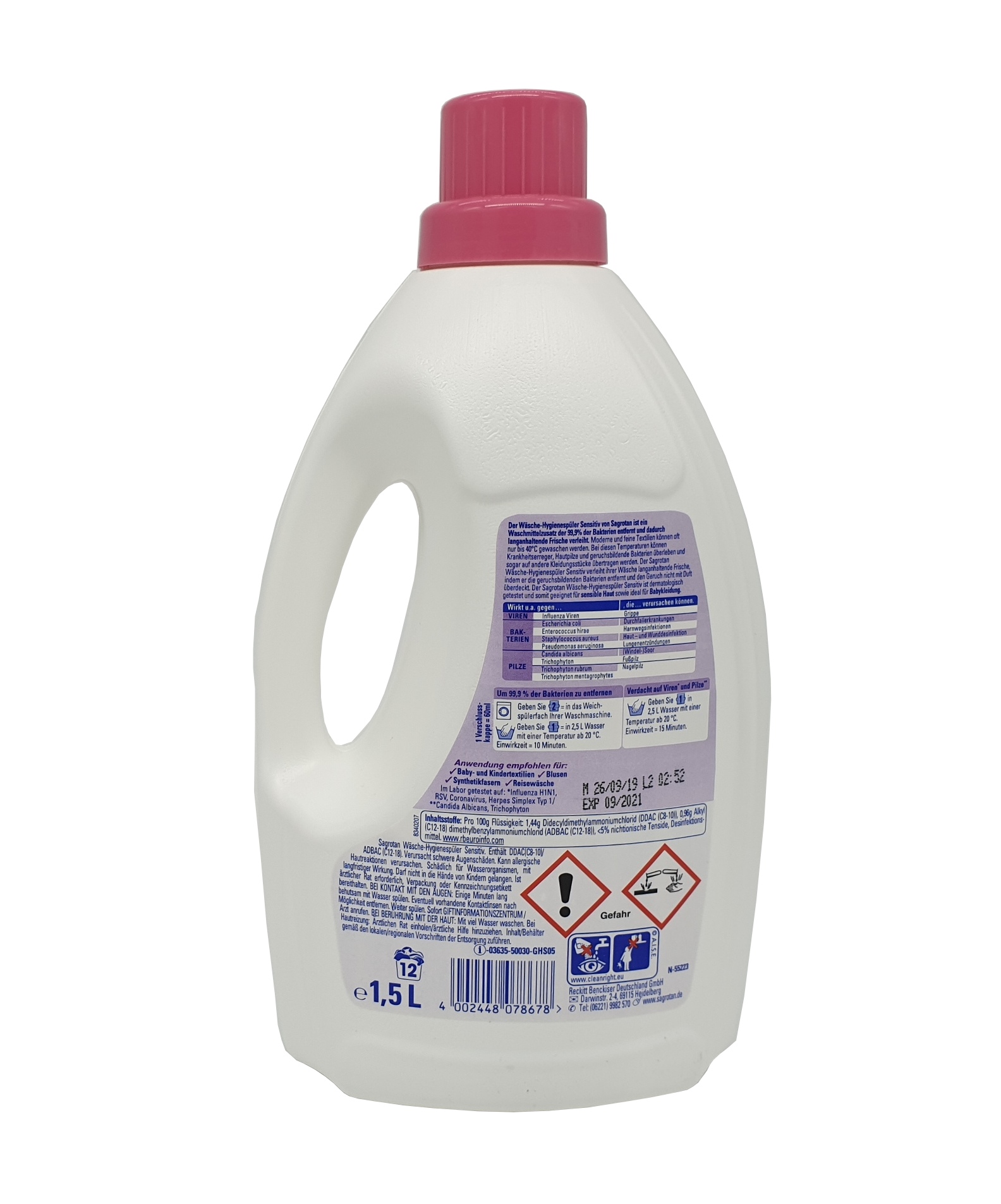 Sagrotan Hygienespühler Sensitive, 1,5L, Rückseite