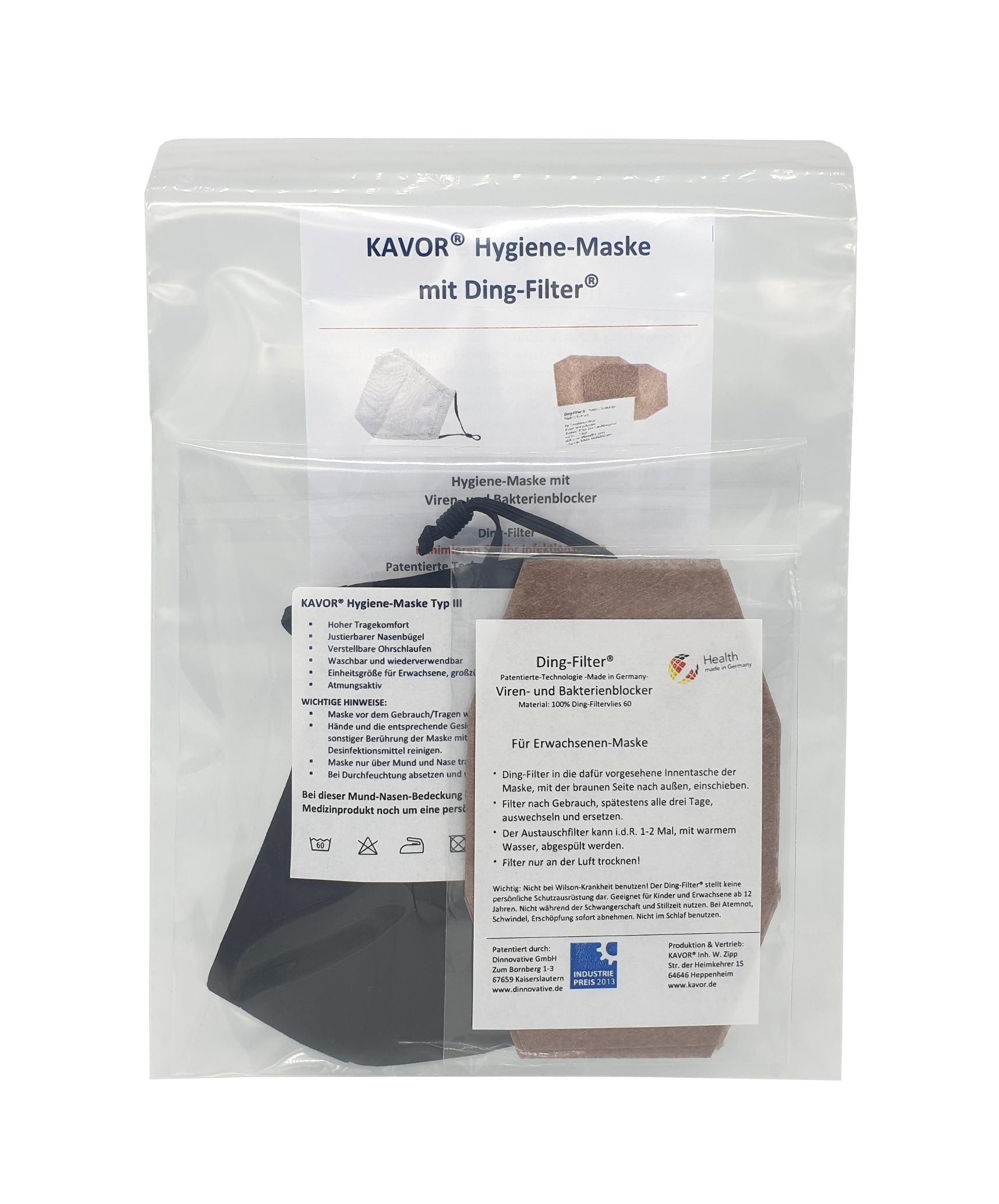 Hygiene-Maske mit Ding-Filter Typ 60 und Einweg-Schutzhandschuhe, Verpackung, Inhalt
