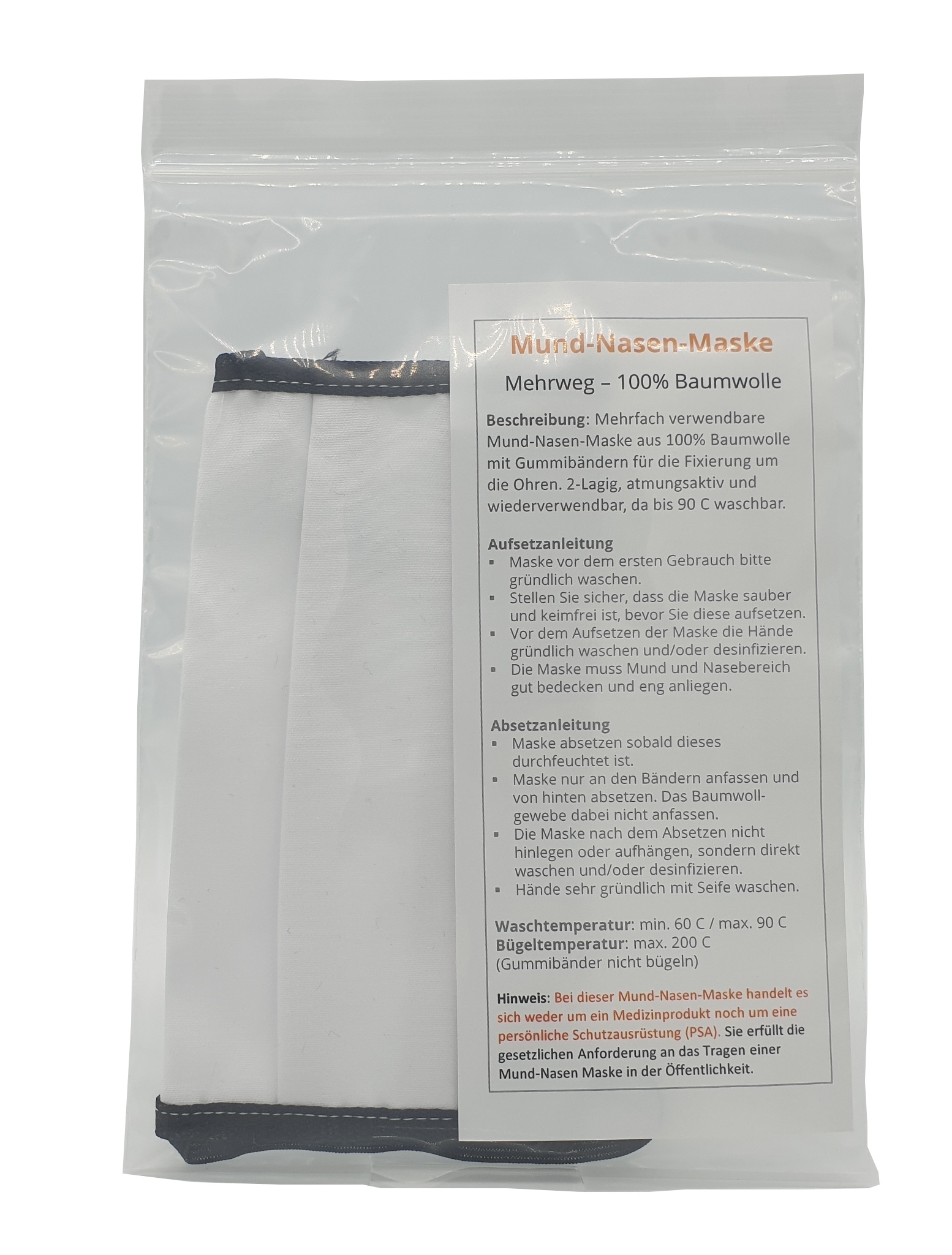 Mehrweg Mund-Nasen-Maske K1, 100% Baumwolle, 2-lagig, Verpackung 2