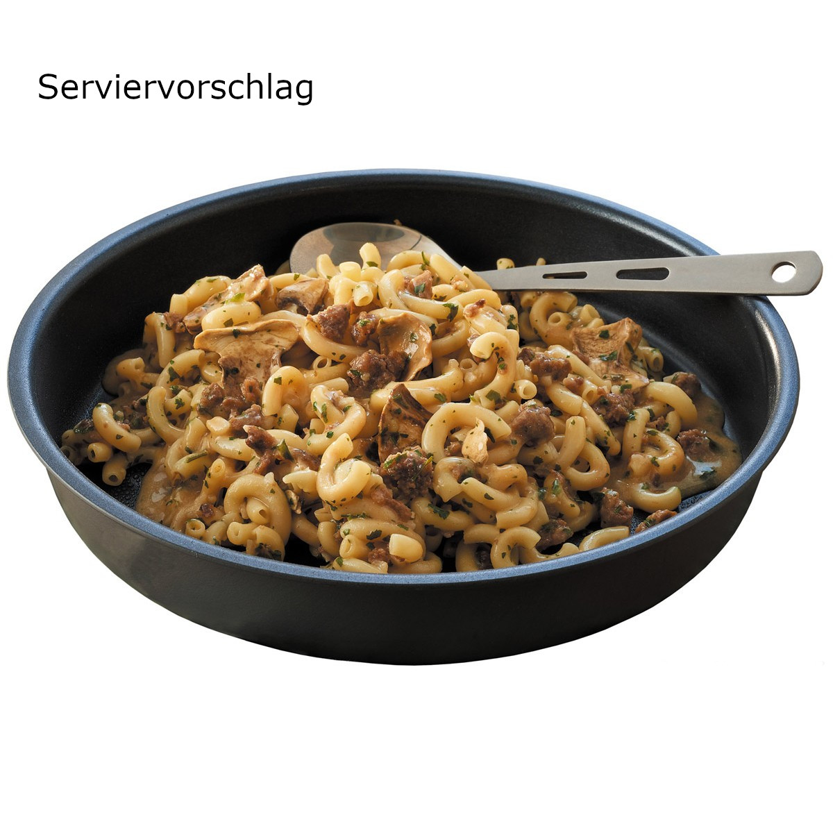 Trek 'n Eat, Jägertopf mit Rindfleisch, Nudeln, Serviervorschlag