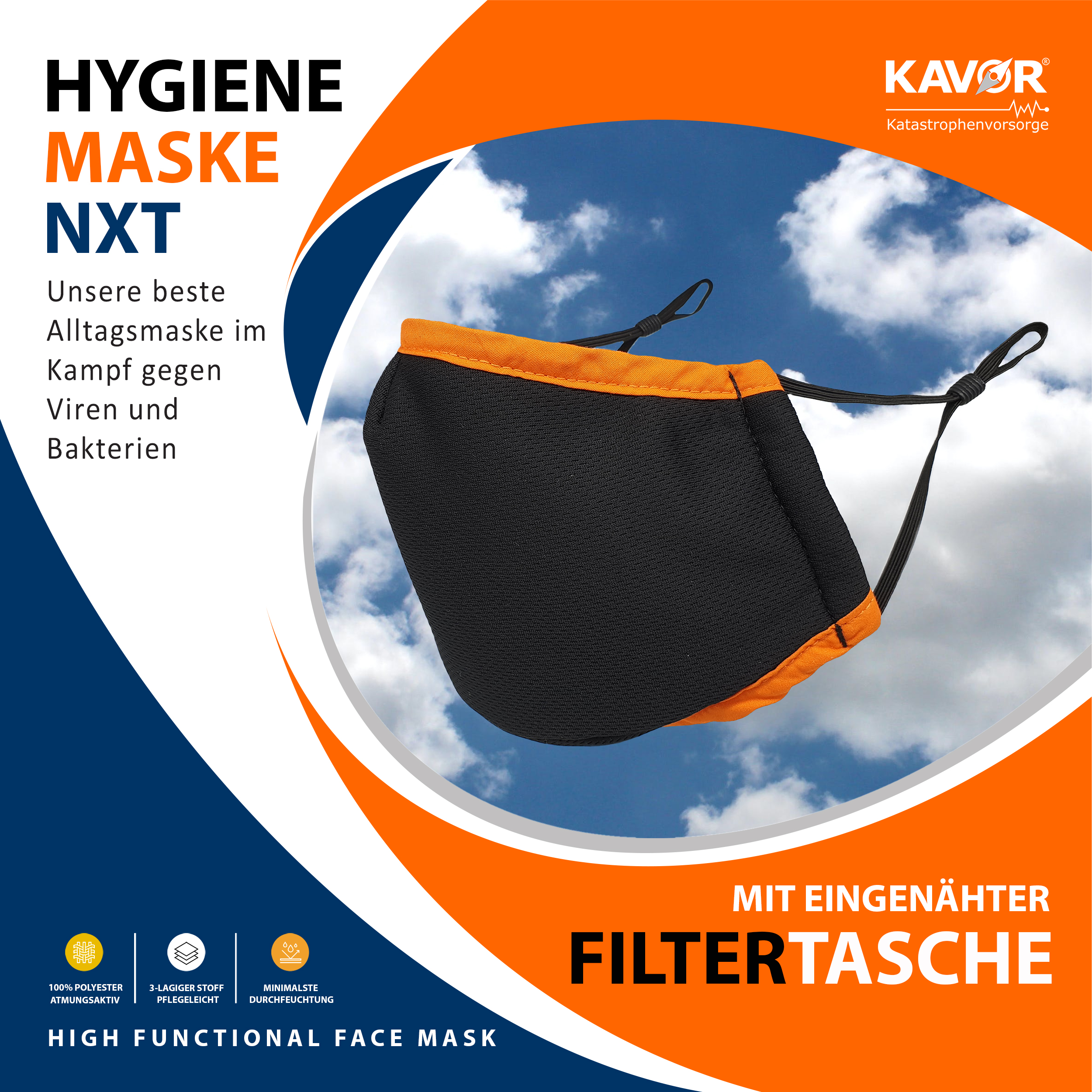 KAVOR Maske NXT, Cover, schwarz mit orangenem Rand