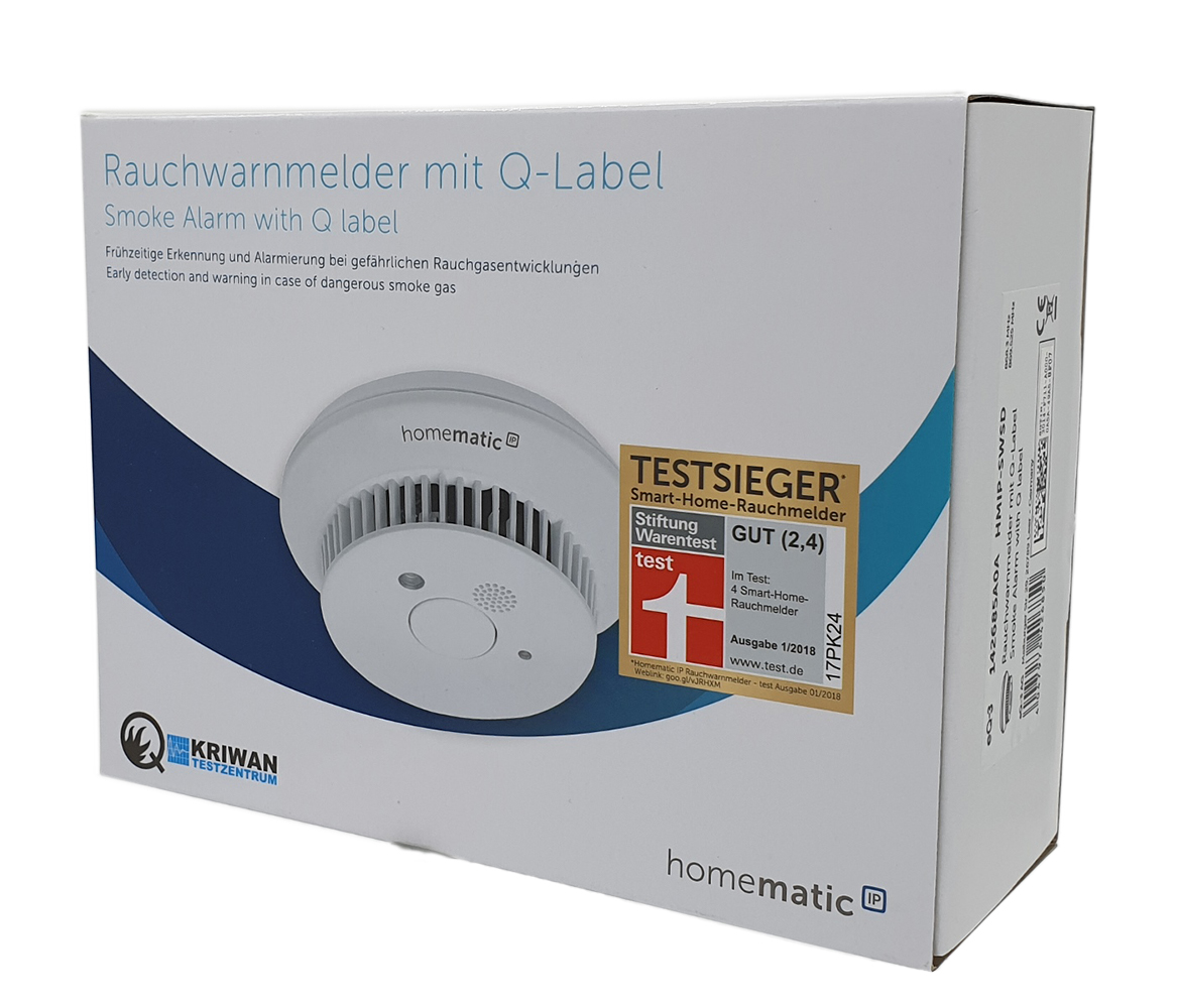 Homematic IP Rauchwarnmelder HMIP-SWSD, Verpackung, Vorne, seitlich