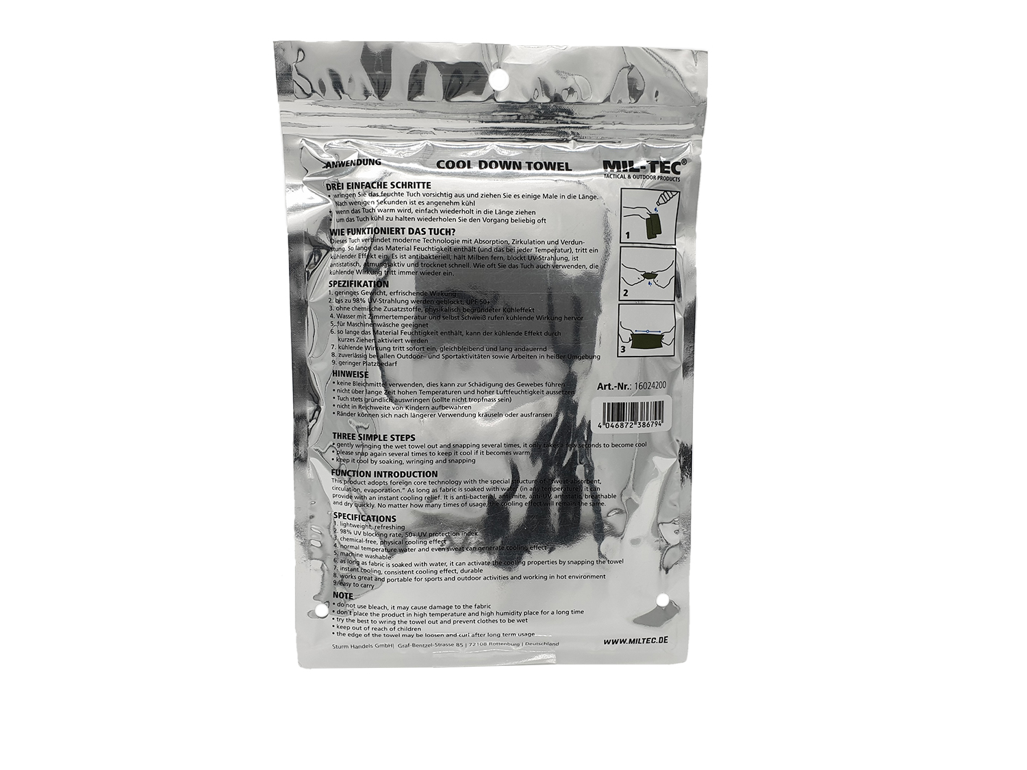 Mil-Tec Cool Down Towel - kühlendes Handtuch, Verpackung hinten