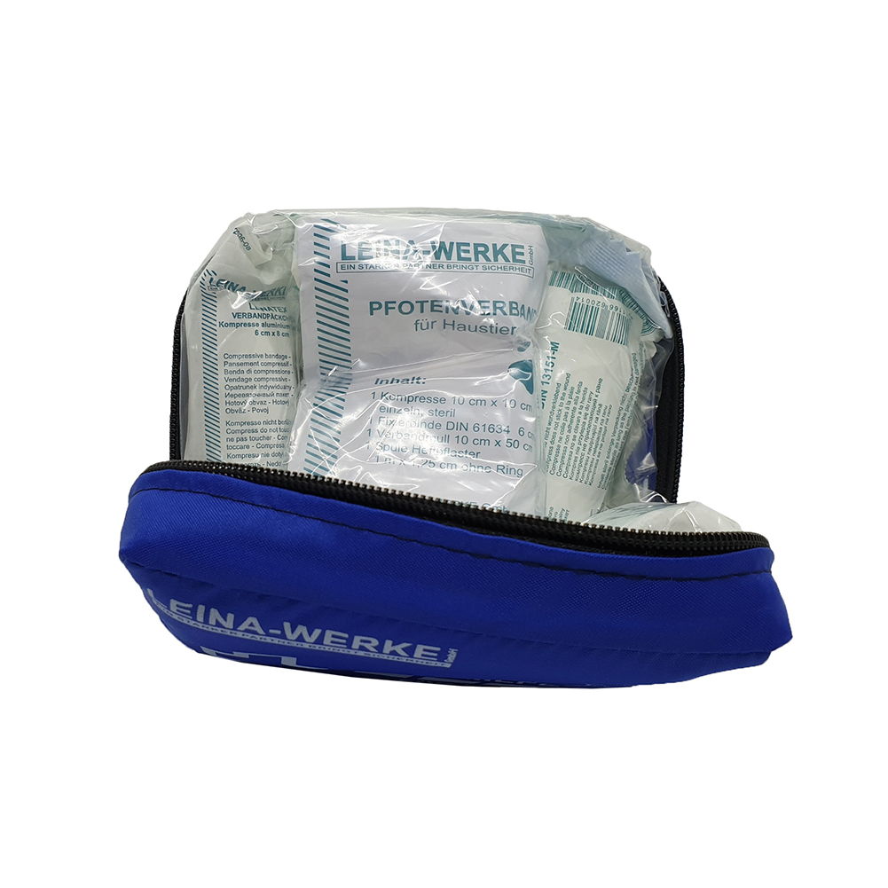 Erste-Hilfe-Set-Haustiere, 26-teilig, Nylon, blau, Verbandtasche offen