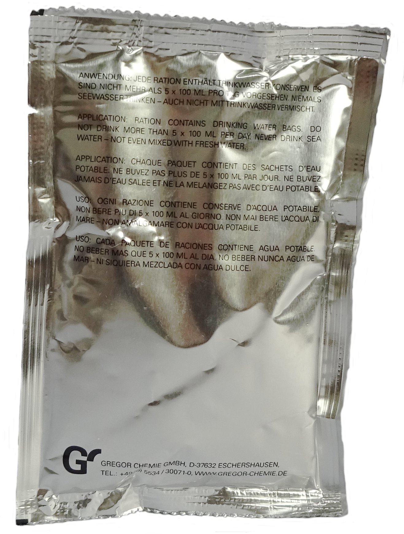 BW Trinkwasser Konserve, 5x100ml, Rückseite