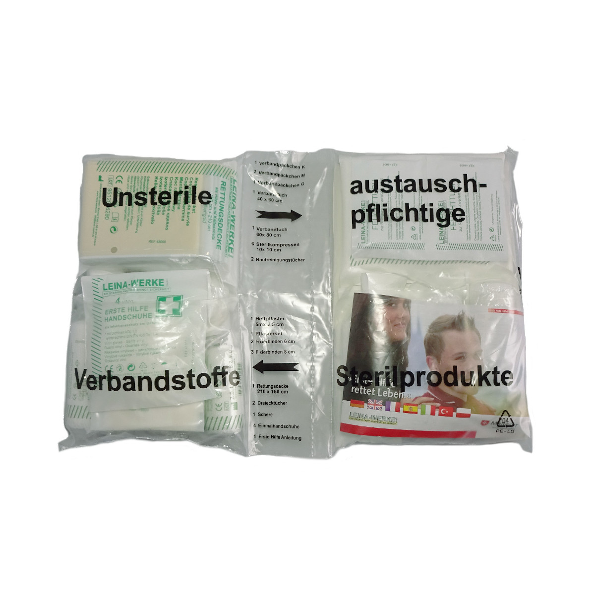 Erste-Hilfe-Set Folienpack, DIN 13 164, 43-teilig, Inhalt 1