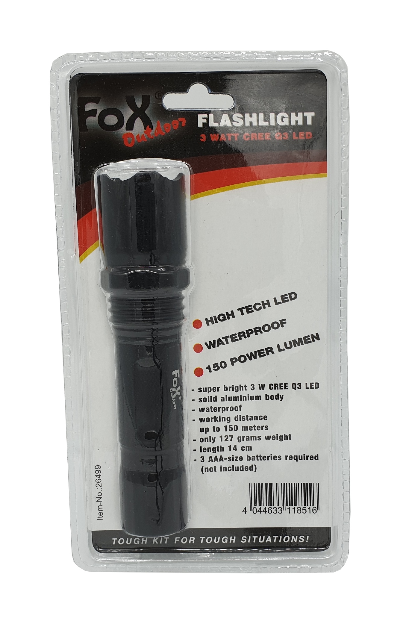 Fox Outdoor LED-Taschenlampe, CREE 3 Watt, 150 Lumen, Verpackung Vorderseite