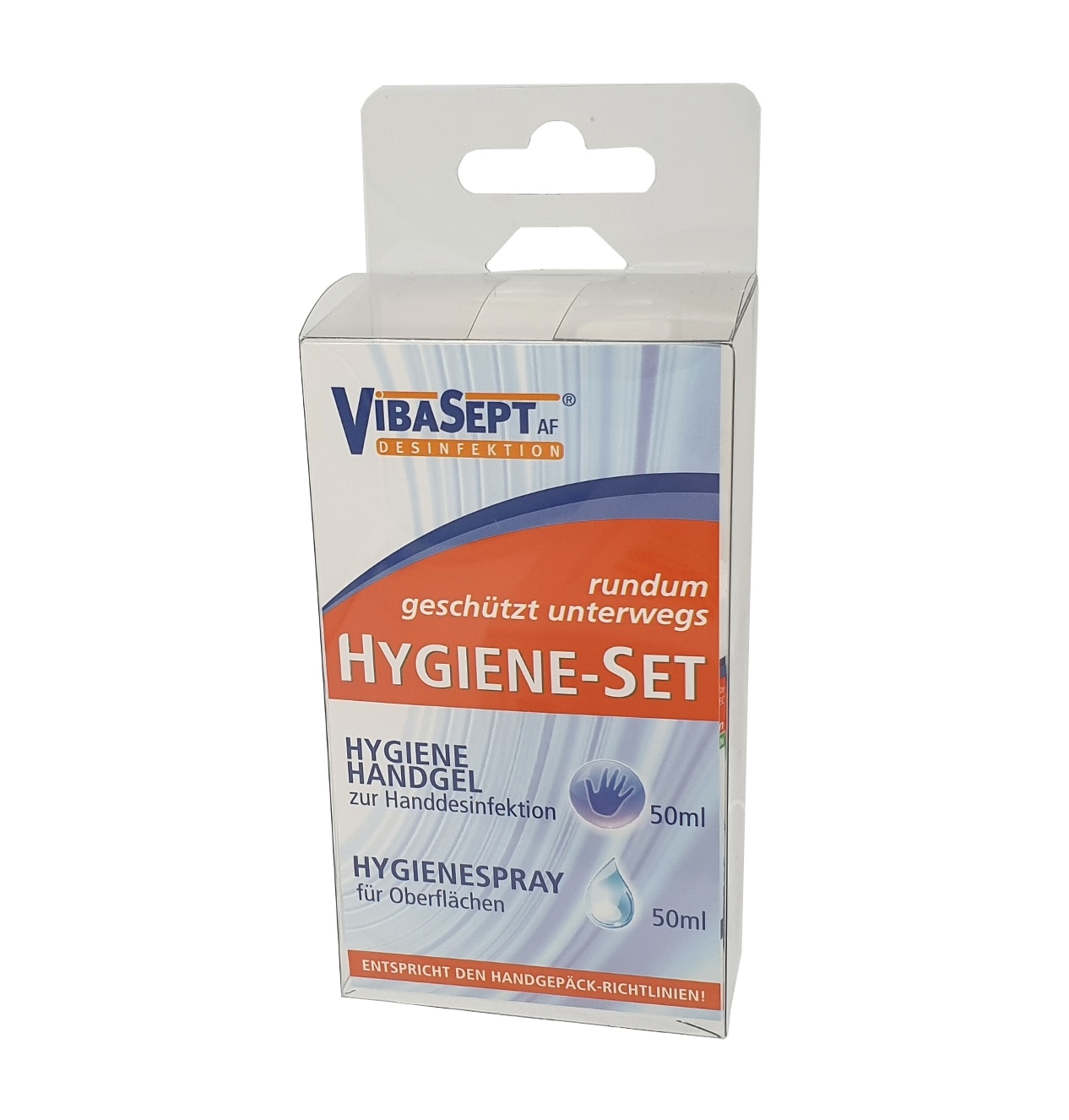Vibasept Mobiles Hygiene-Set, 2-teilig, tranparente Faltschachtel, Vorderseite 1