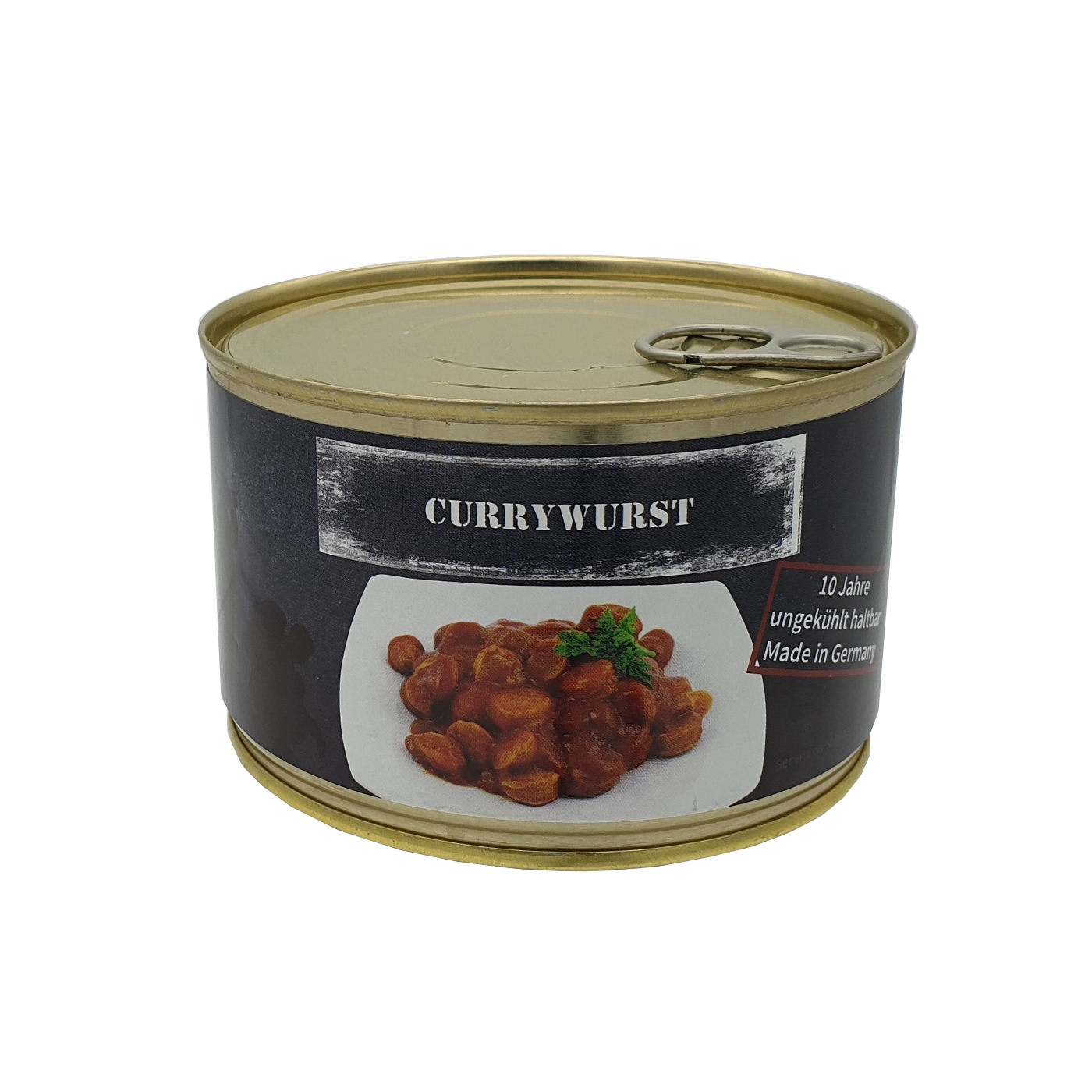 Currywurst, Vollkonserve, 10 Jahre haltbar, Vorderansicht 1