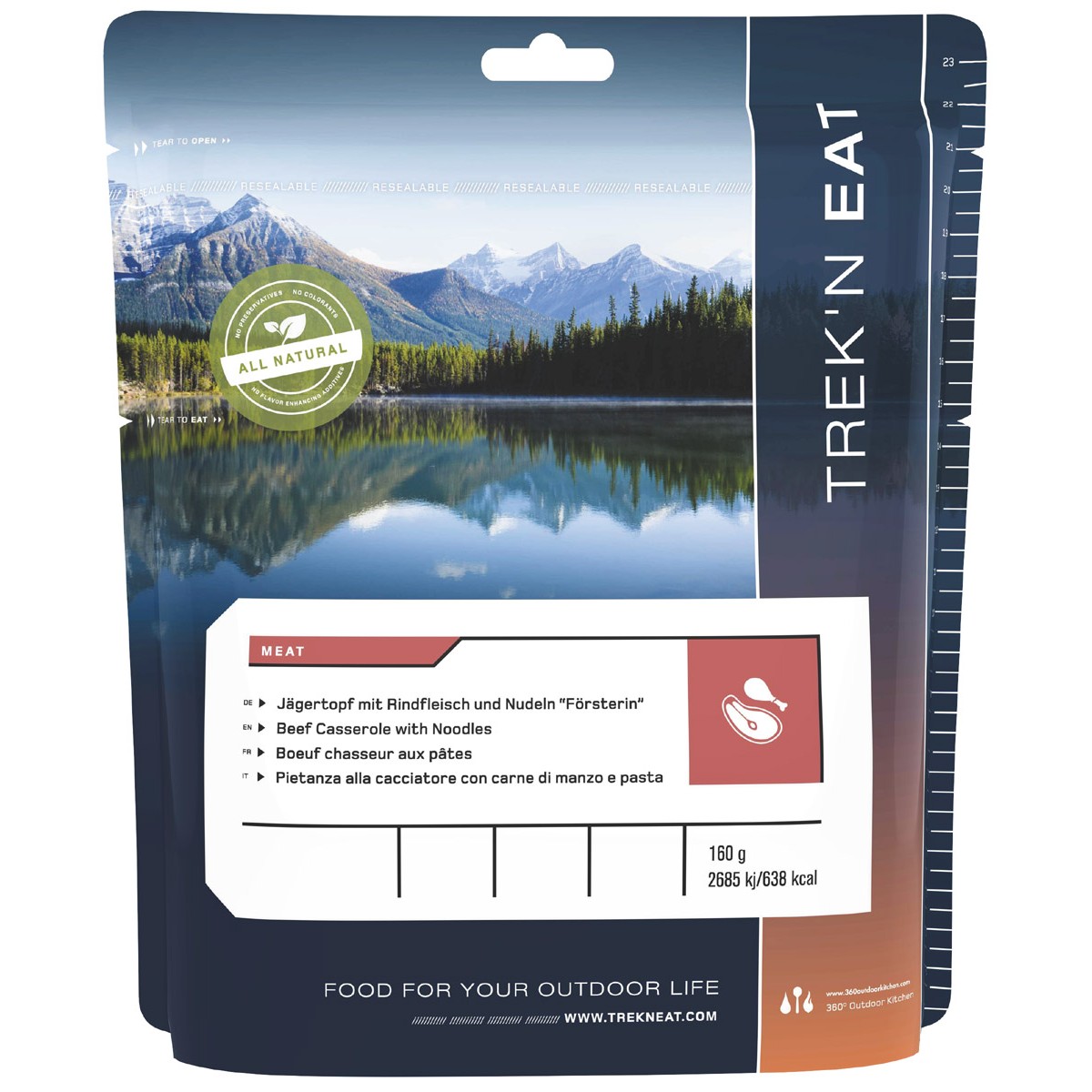 Trek 'n Eat, Jägertopf mit Rindfleisch, Nudeln, Verpackung
