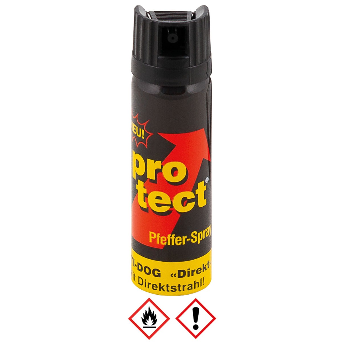 Protect - Pfefferspray, Direktstrahl, 63ml, Vorderseite, Warnung
