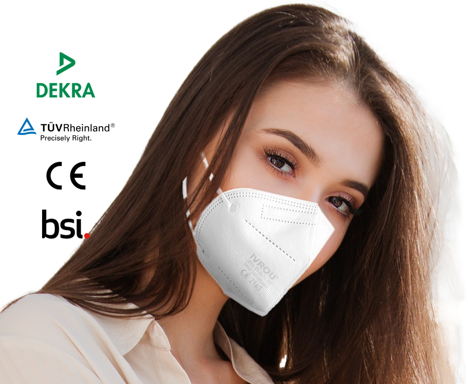 IVROU FFP2 Schutzmaske mit CE, Anwendungsbeispiel mit Logos
