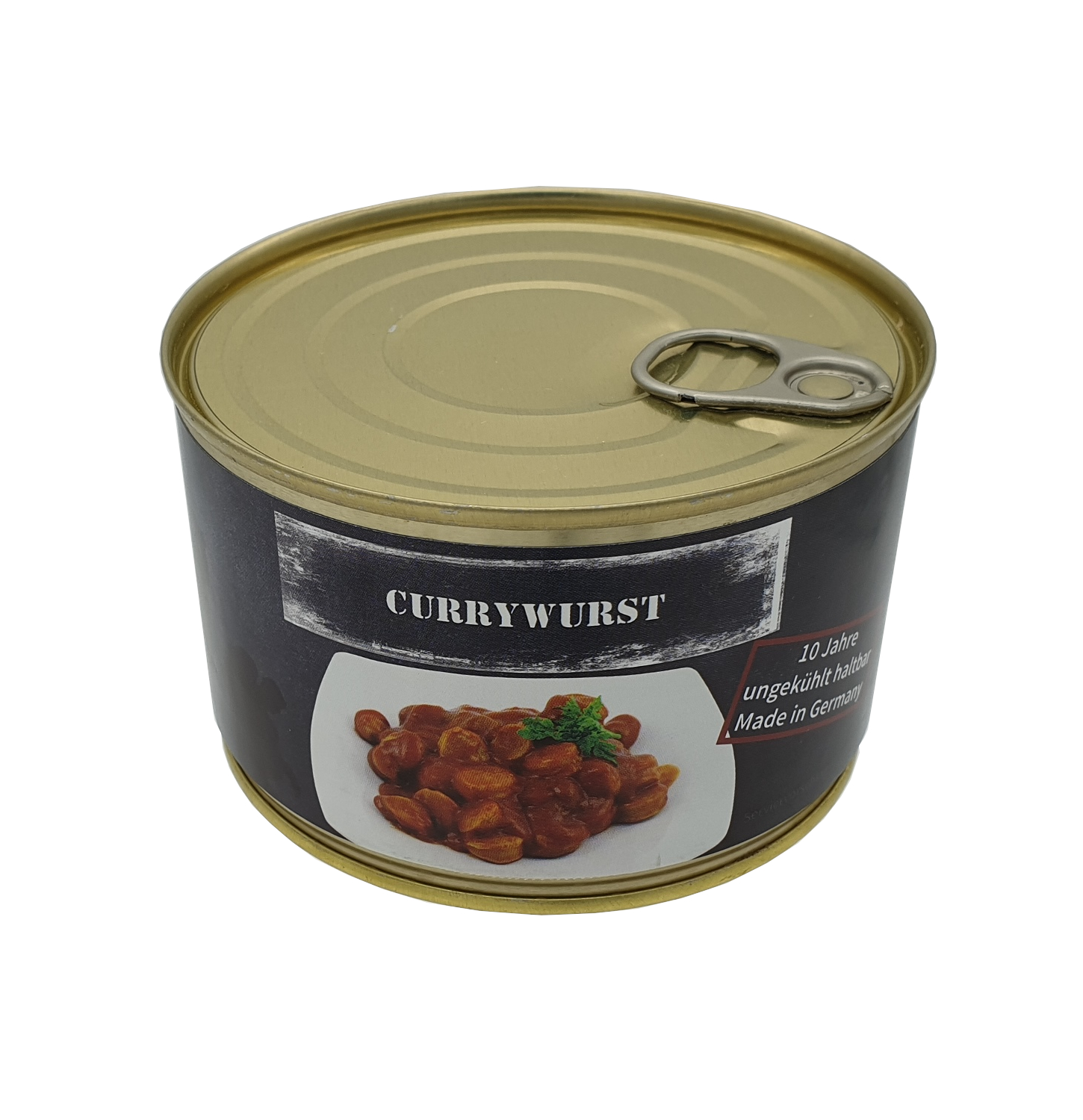 Currywurst, Vollkonserve, 10 Jahre haltbar, Vorderansicht 2