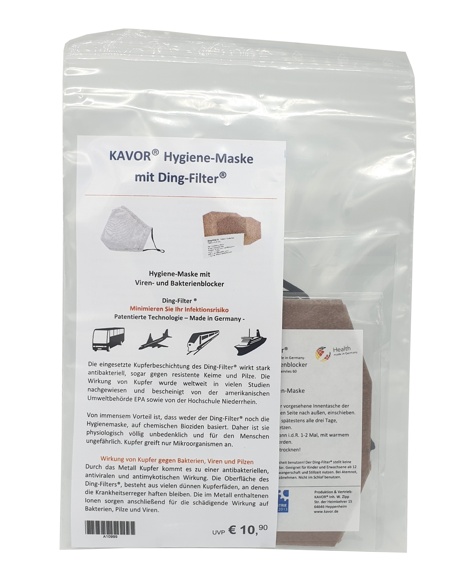 Hygiene-Maske mit Ding-Filter Typ 60 und Einweg-Schutzhandschuhe, Verpackung